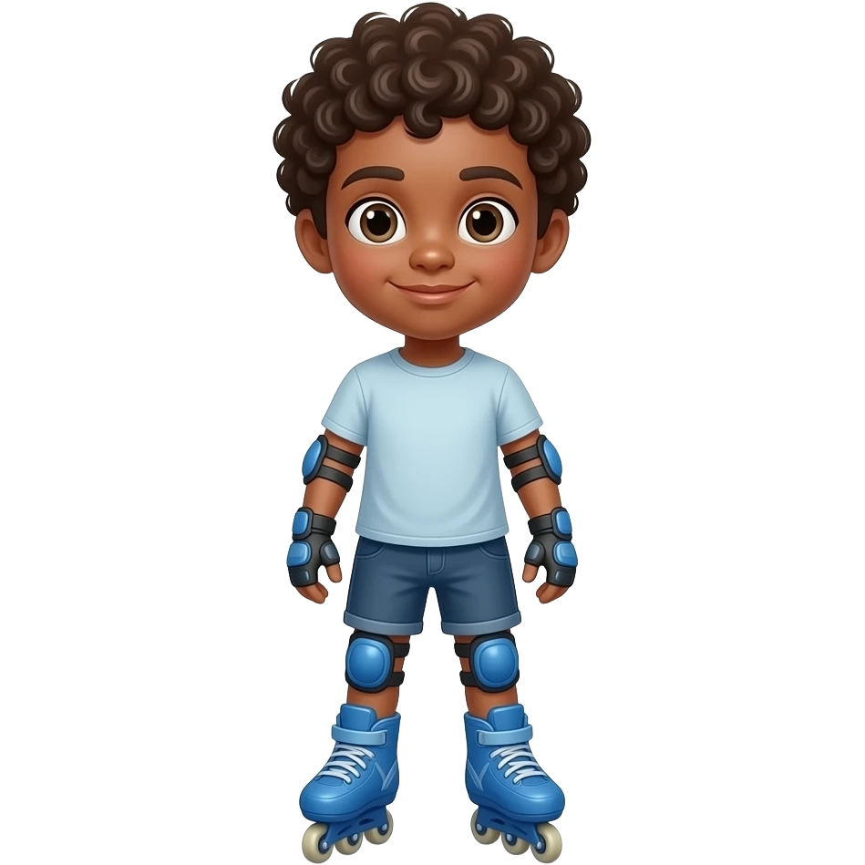 Child black boy curly hair, standing upright, wearing blue elbow pads and knee pads, with blue  roller skates, ready-to-play expression, front-facing pose. emoji