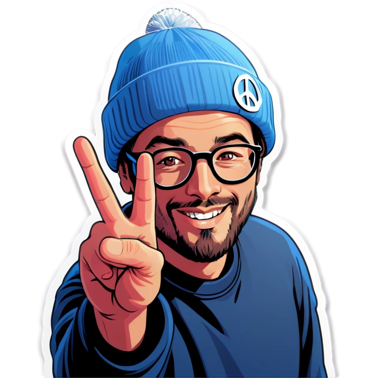 Man with glasses and beanie making peace sign emoji