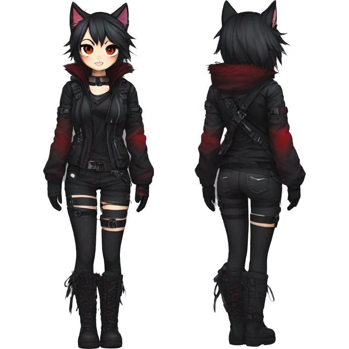 Gorgeous gothic dark techwear anime style anthro cat furry with blushing face aesthetic and pretty edgy black red punk messy ponytail hair with collar and harness trending style emoji