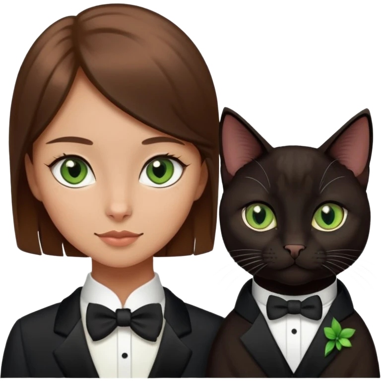 brown haired girl with light tan skin and brown eyes holding a black Bombay cat with green eyes and a black and white Tuxedo cat with hazel eyes emoji