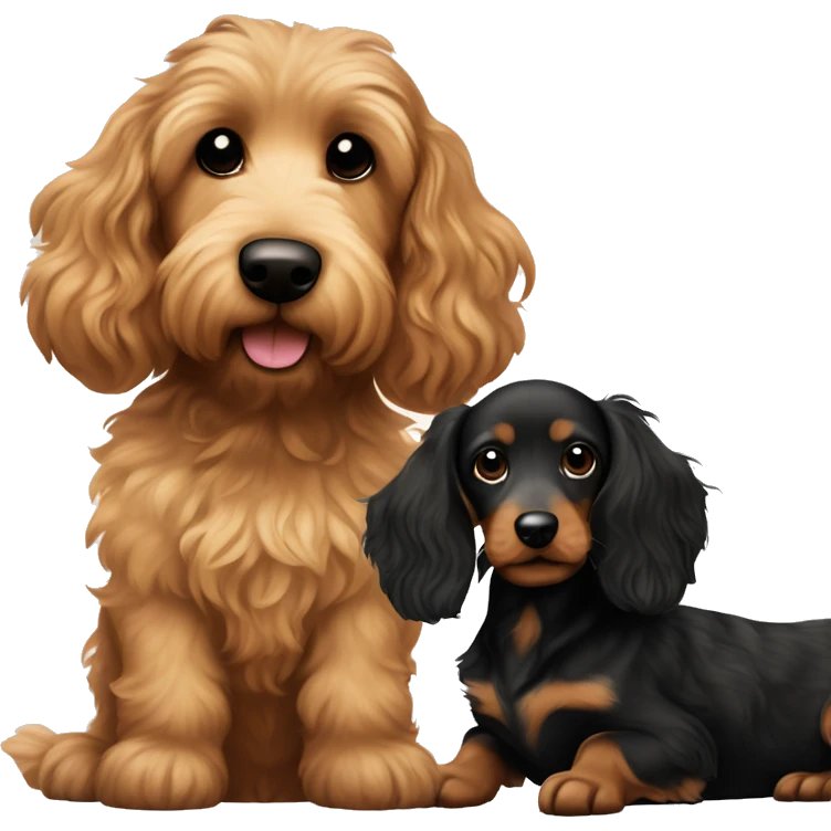 Brown golden doodle and black and tan and cream longhair dachshund sitting together  emoji