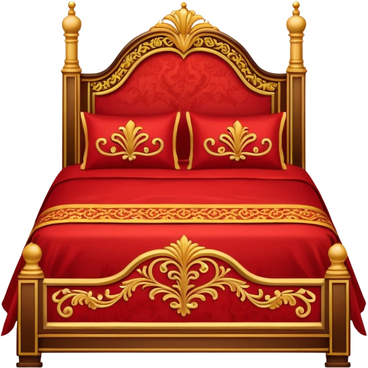 bed with red and gold sheets, wooden emoji