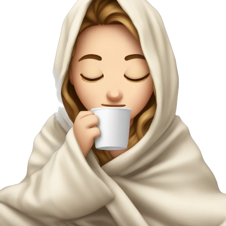 White Girl inside a blanket sipping coffee eyes closed emoji