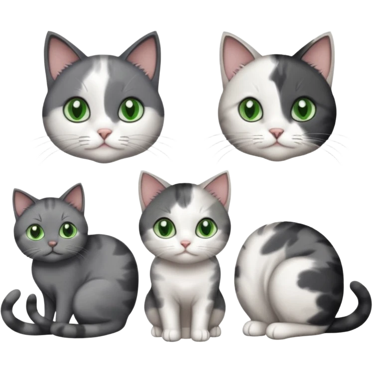 3 different coloured small cats including a dark grey and white, and a patchy calico and a completely solid dark grey with green eyes and only white paws emoji