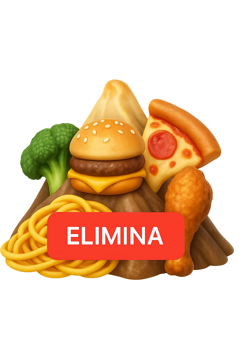 emoji stile iphone di montagna di cibo con tasto "ELIMINA" SOPRA , iperrealistico 4k, isolato su sfondo bianco emoji