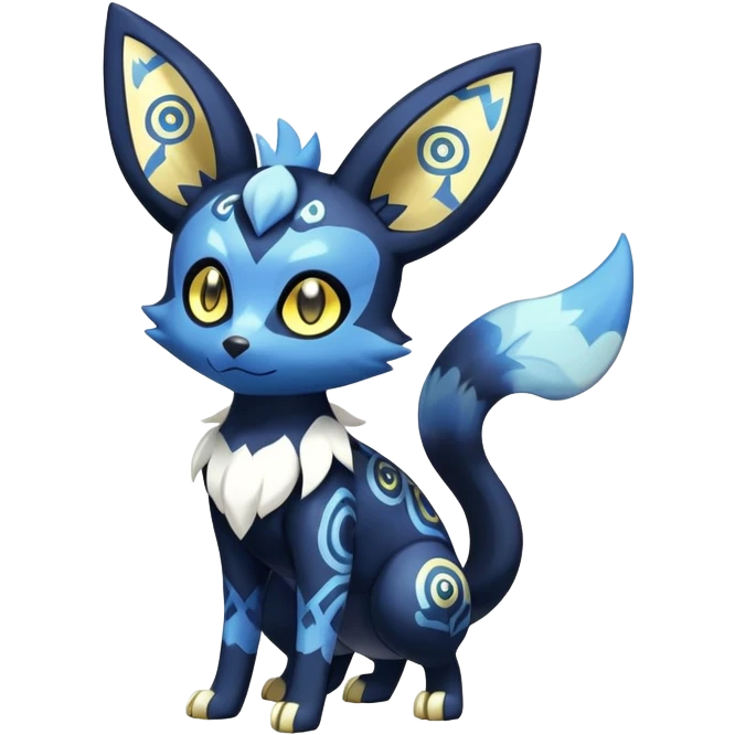 Shiny mExotic Colorfulj Excessive Mysterious Gothic Meowstic-Umbreon-Poochyena-Pokémon-Fakémon-hybrid-creature (full body) with pattern-markings with golden eyes emoji