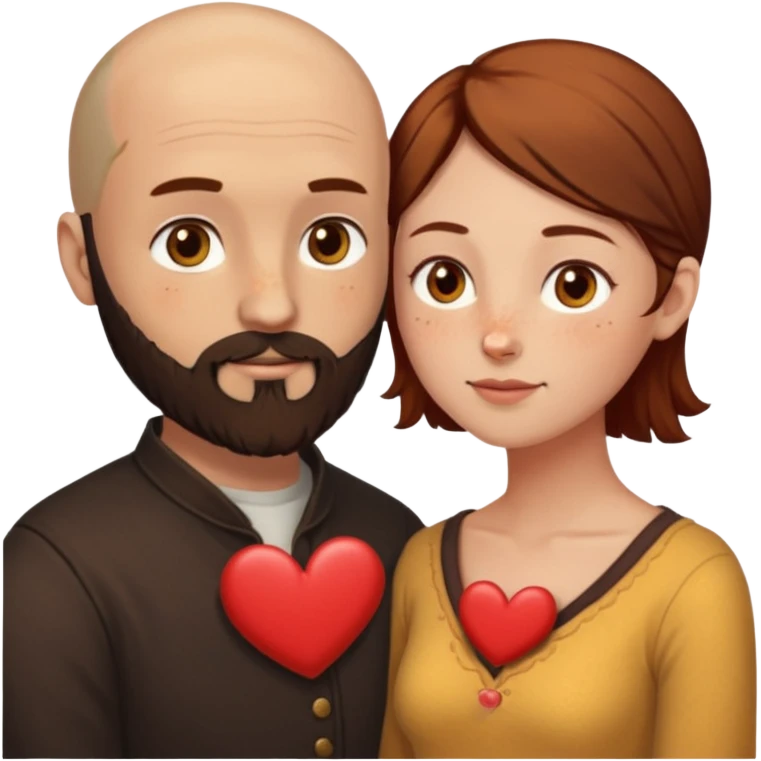 Couple. Bald man with dark brown-black beard. Woman with many small, faded, round freckles, white skin and she has auburn-yellow-brown-caramel-cinnamon dark hair. She has light yellow-brown eyes. He have hazel eyes. They look at each other. Many small red hearts around them. emoji