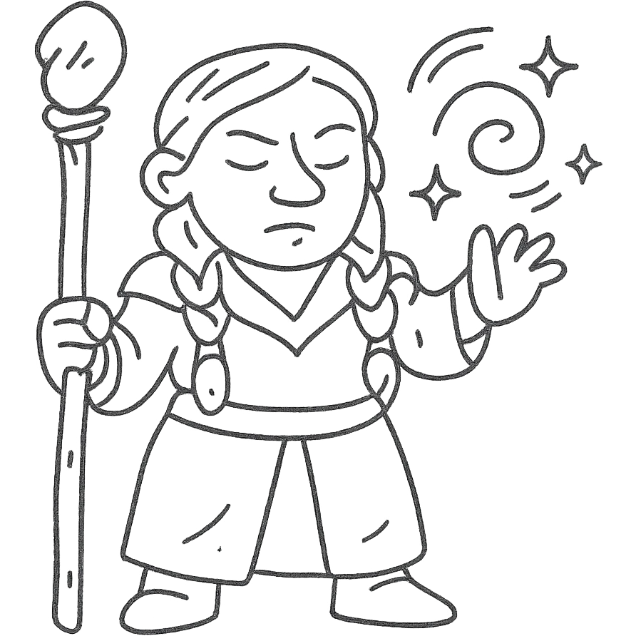 female dwarf sorcerer from DnD, hand drawn outline icon style, staff and spell effects emoji