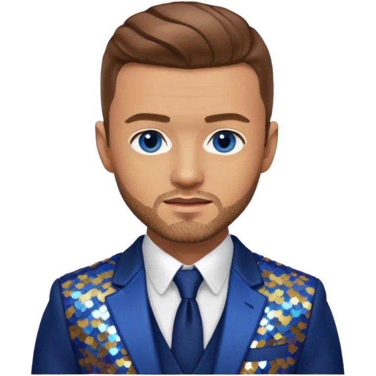 Justin Timberlake with light brown hair, blue eyes, sequin navy blue suit jacket emoji