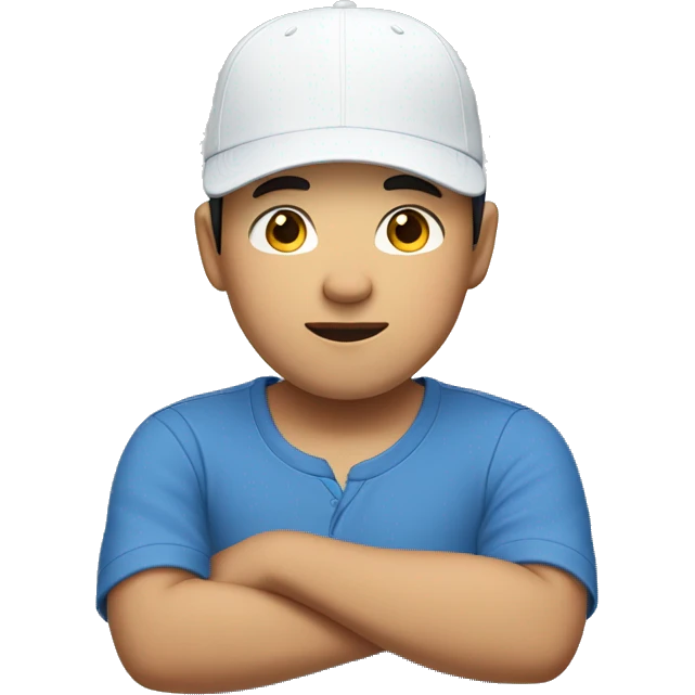 A handsome Asian boy wearing a blue short sleeve shirt and a white cap hat upside down emoji
