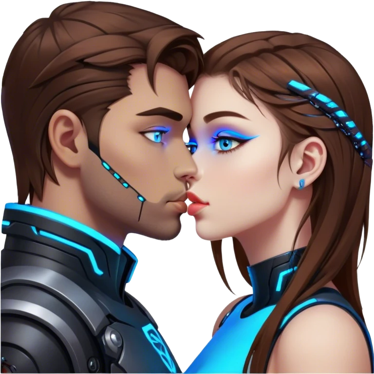 Neon cyberpunk style 
girl with brown hair and blue eyes kiss man emoji