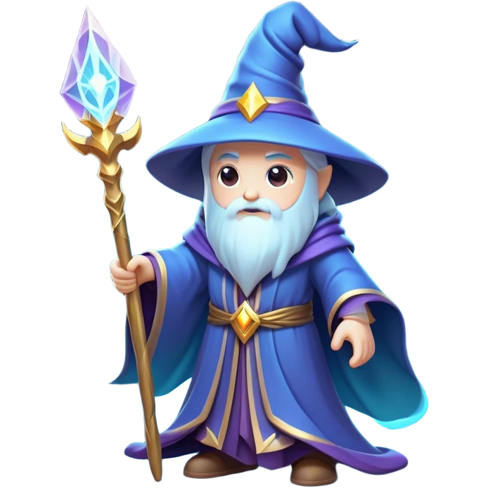 Clash of Clans aesthetic: Cinematic Playful Wizard Hero Emoji, rendered in a 3D vector-style similar to standard emojis with minimal shading and bold, simplified shapes. A compact, isometric figure draped in flowing enchanted robes and wielding a mystical staff, softly glowing with an arcane magical charm. Simplified yet unmistakably iconic, highly detailed and consistent, glowing with a soft radiant glow and high shine. Stylized with a touch of whimsical sorcery and a soft glowing outline, capturing the essence of a powerful wizard ready to cast spells with a friendly, playful spirit! emoji