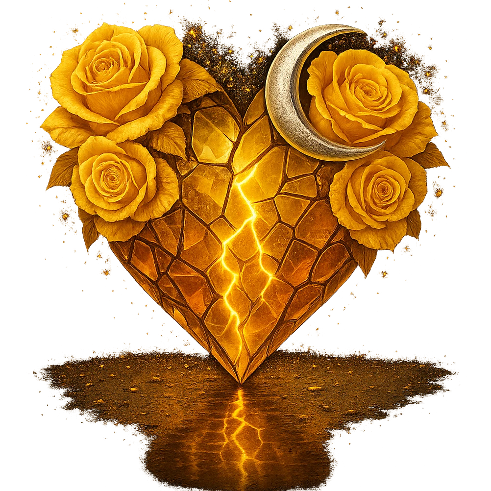 Edit the gothic heart to be formed from splintered deep yellow glass, a silver crescent moon, yellow roses, sparkling holographic stardust, neon lightning, and a wet, reflective surface. Keep the background transparent. The style should maintain the gothic heart's original aesthetic with these new elements. emoji