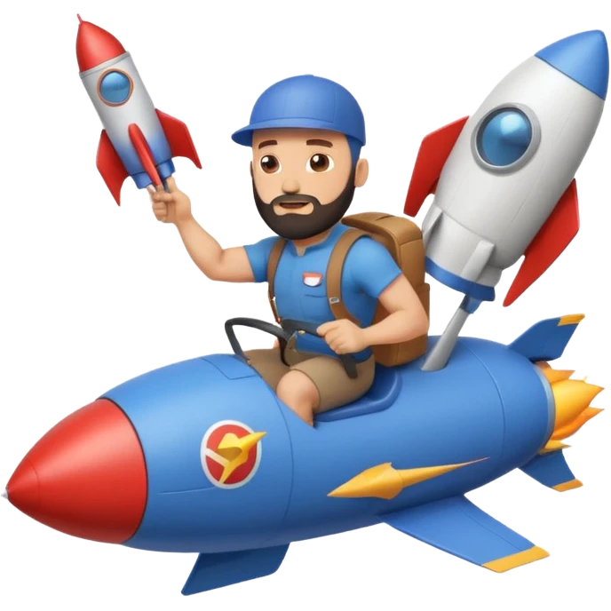 Bald muscular guy with beard and backwards cap, riding rocket, holding Instagram logo, papers trailing behind, minimal style emoji