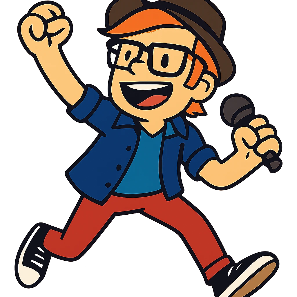 Patrick Stump from Fall Out Boy, vibrant toon style, energetic pose, signature hat and glasses emoji
