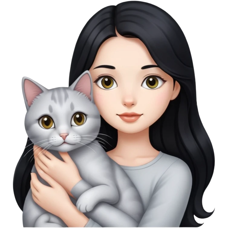 beautiful girl with long black hair holding a silver-colored cat emoji