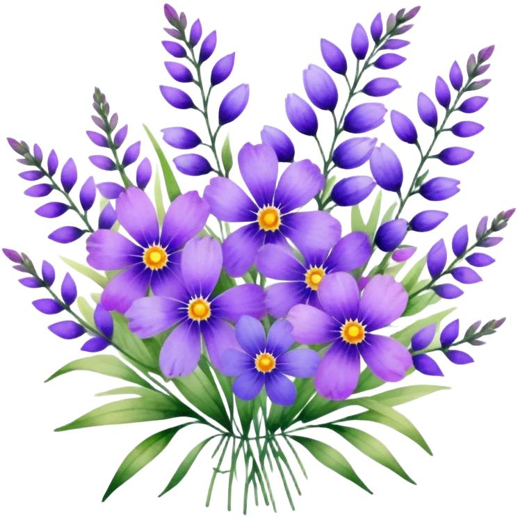"A lush bouquet of purple wildflowers with a watercolor texture."
 emoji