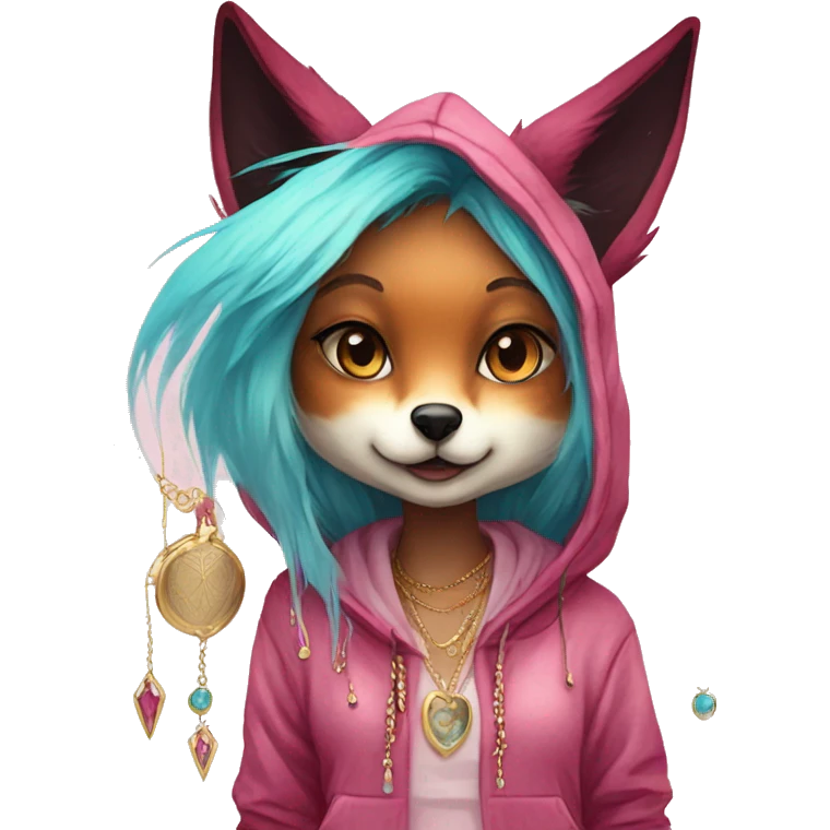 Pink magenta burgundy maroon cyan beige fox wearing a pink hoodie with gold jewellery gold piercings gold ear piercing gold nose piercing vintage watercolour tie dye black raven wings emoji