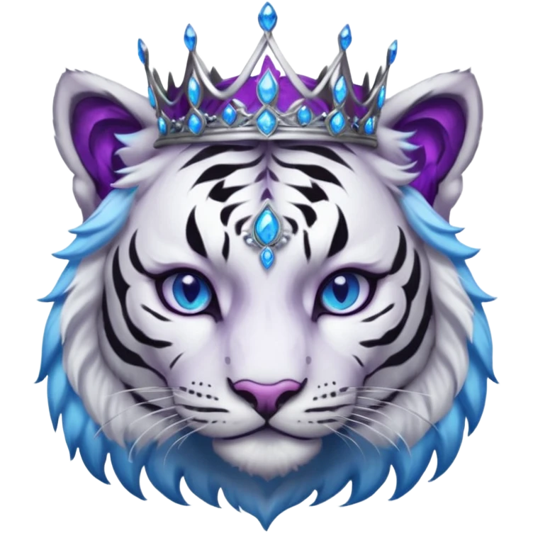 ESO Female white/black tiger khajiit leader of the umbral rose, glowing blue eyes, glowing blue 'third eye' gem; purple gemmed silver crown/tiara emoji