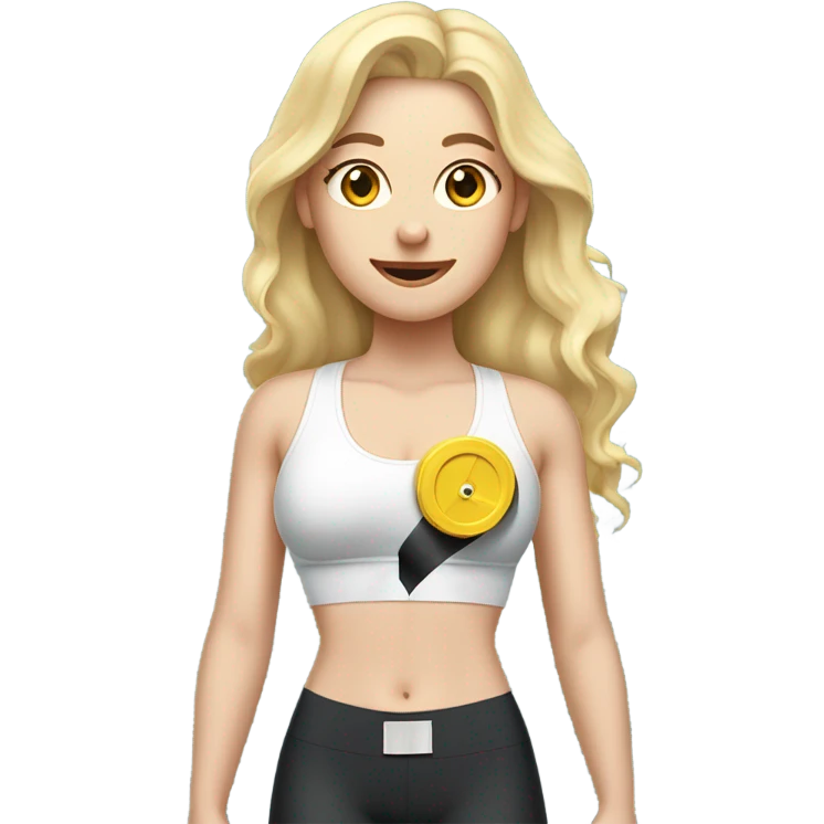 Woman, white skin, pale skin, long hair, blonde hair, wavy hair, standing, sports bra, leggings, tape measure wrapped around waste emoji