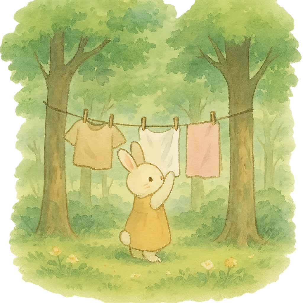 bunny hanging laundry between trees, calming domestic forest feel, soft pastel colors emoji