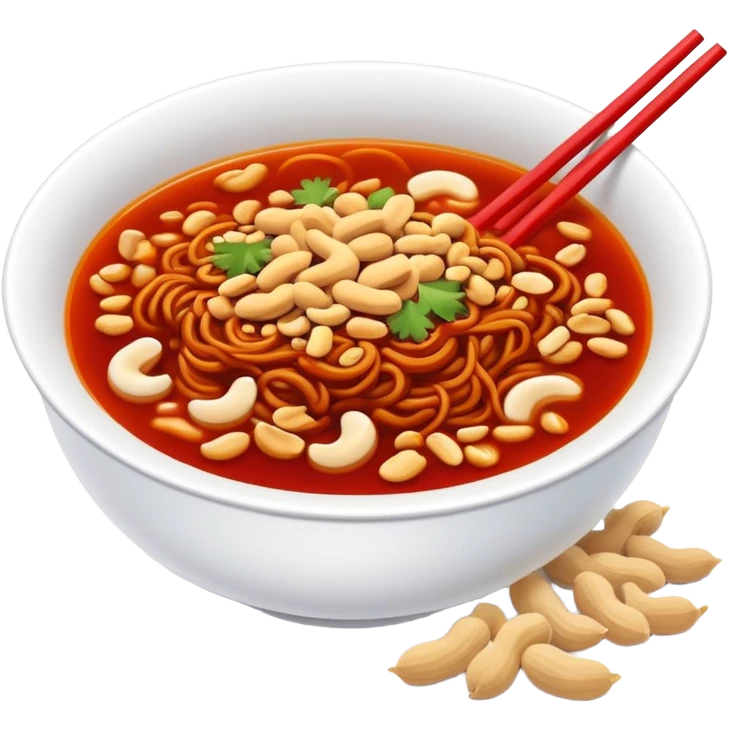Chongqing Xiaomian with red spicy broth and peanuts, simplified emoji style with bold outlines and bright colors, cartoon style hot Sichuan street noodles emoji