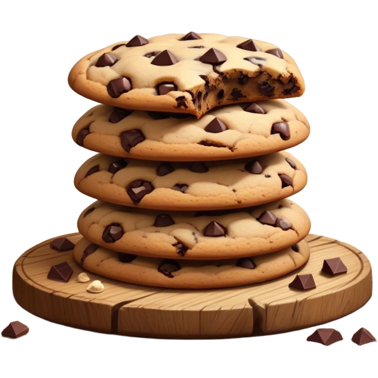 Cinematic crunchy chocolate chip cookies, freshly baked, golden-brown with gooey melted chocolate chunks, stacked on a rustic wooden plate, soft warm lighting, cozy and delicious. emoji