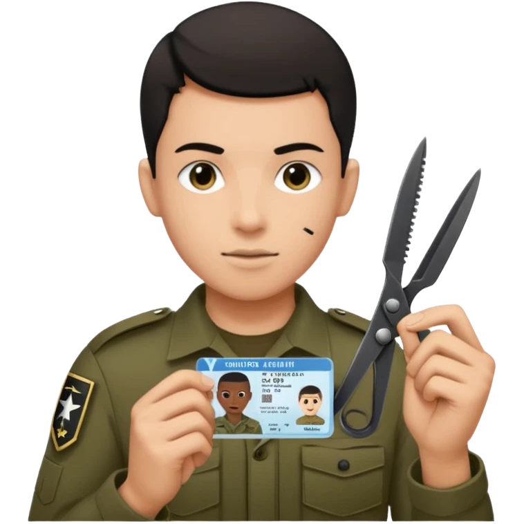 Floating black Scissors cutting in half an idf soldier ID card with a little chip in 2 parts .hyper realistic emoji