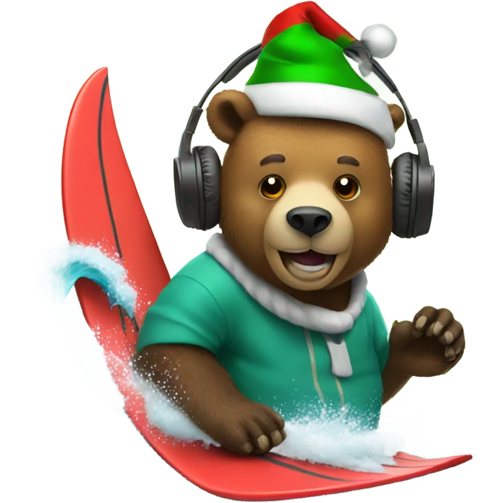bear surfing with Christmas hat and headphones emoji