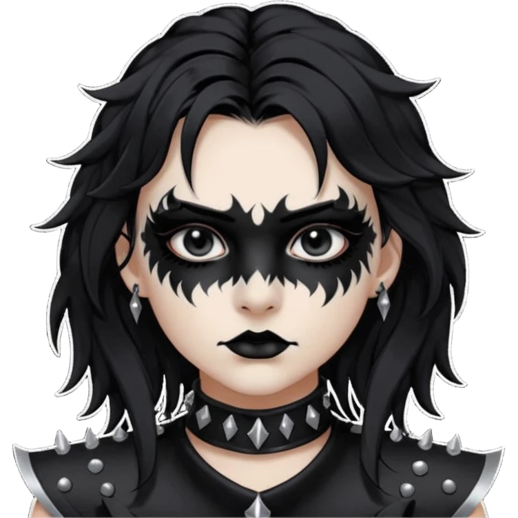 Crea una ragazza con stile black metal,  paint face black metal, capelli neri, mossi dalle spalle e occhi bianchi e un collare con borchie a punta emoji
