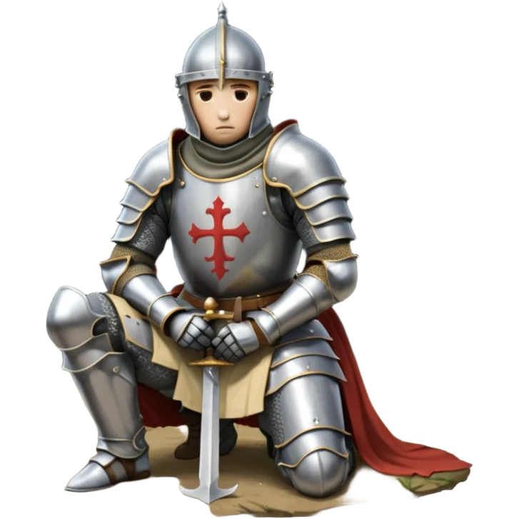 A lone medieval knight in plate, worn armor kneels. His helmet is closed, hiding his face, conveying silence, exhaustion and contemplation. A long sword is planted in the ground beside him, its hilt resting near his gloved hands as if he is praying or resting after battle. emoji