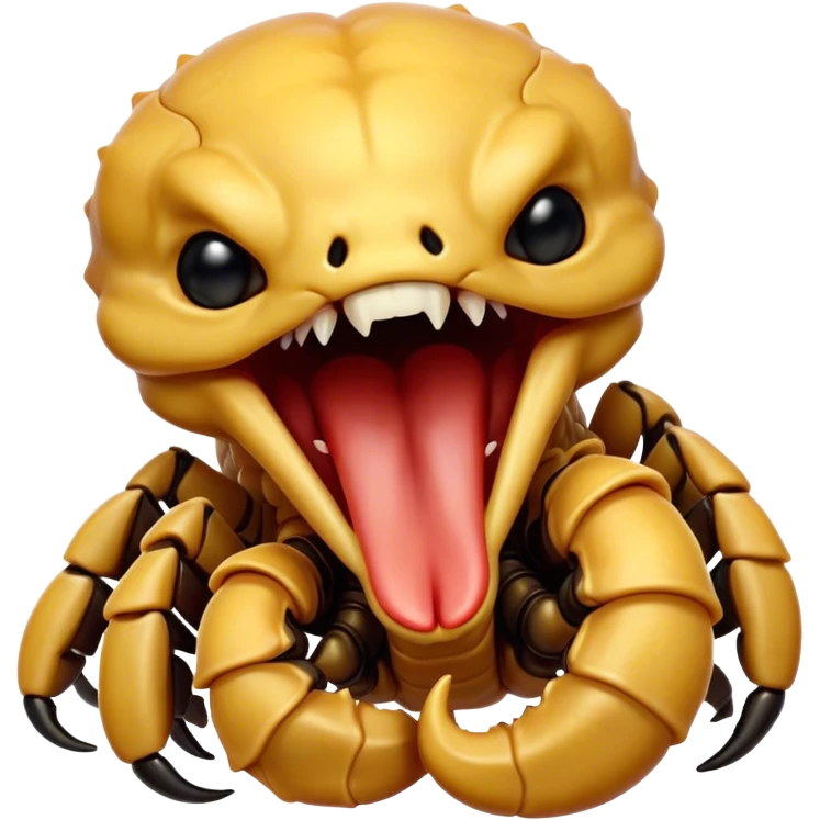 Cinematic Cute Yawning Emperor Scorpion Portrait Emoji, Head tilted slightly with a dramatic, wide-open yawn, showcasing a soft, textured exoskeleton with subtly drooping pincers and half-closed eyes in drowsy contentment, Simplified yet irresistibly adorable features, highly detailed, glowing with a soft, cozy glow, high shine, relaxed yet expressive, stylized with a dash of desert charm, soft glowing outline, capturing the essence of a sleepy yet affectionate scorpion that seems ready to stretch out for a nap! emoji