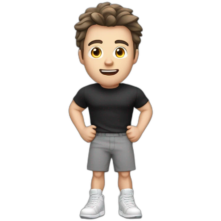 amazed Open with surprise mouth Pale skinned Fit Man With the biceps and dark brown hair in black shirt, gray sports shorts and white Sneakers emoji