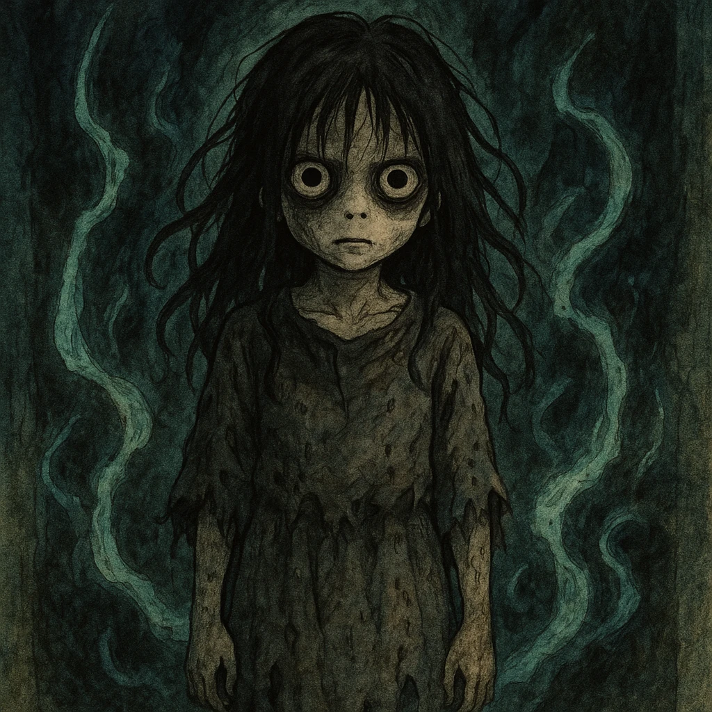 creepy girl, unsettling stare, tattered clothes, supernatural aura, horror illustration emoji