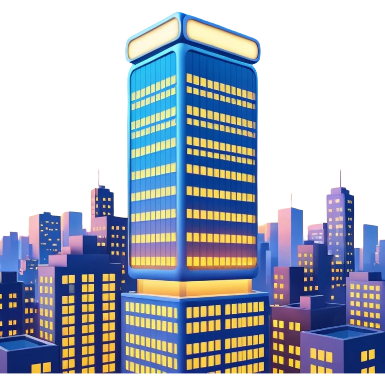 A 3D cartoon city billboard mounted on a tall building, glowing lights at dusk, realistic reflections, Memoji-style. emoji