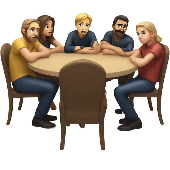 6 Caucasian people sitting around a table looking unhappy emoji