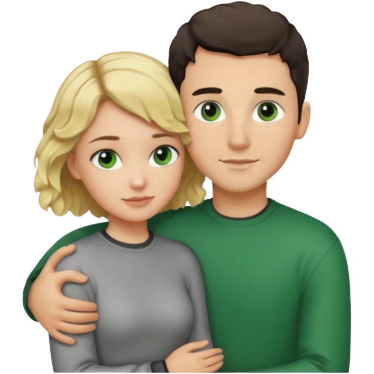 couple hugging.  girl is blonde with wavy hair. man is tall with dark hair in a crew cut. both have green eyes. both are white people. emoji