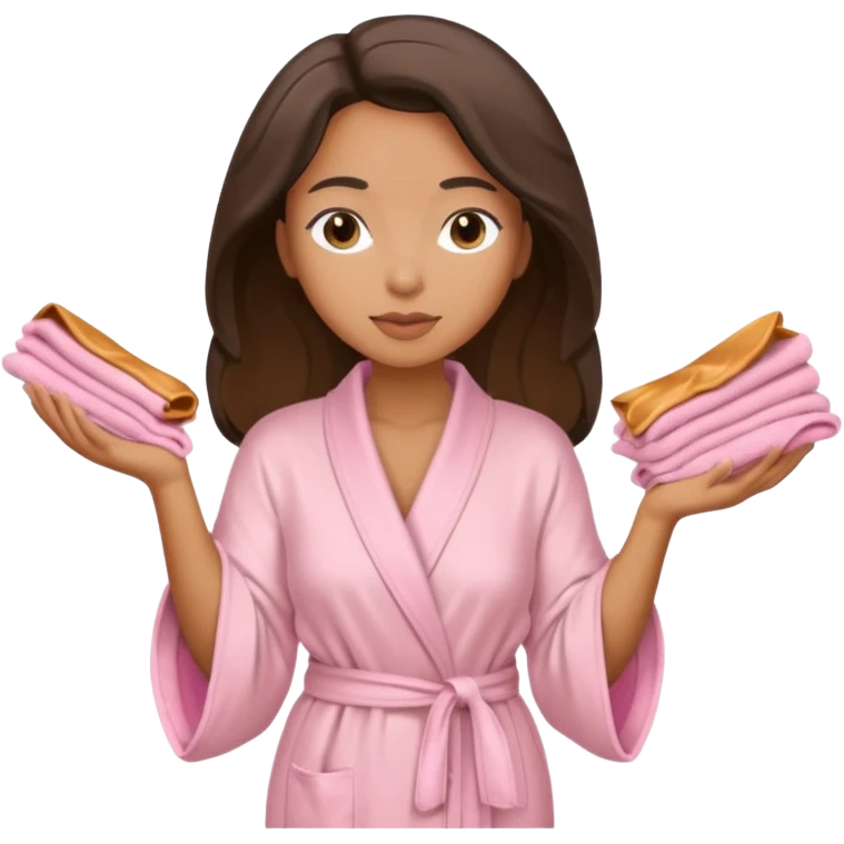 Mixed-race woman with caramel skin, wearing a beige silk robe, folding pastel pink towels emoji