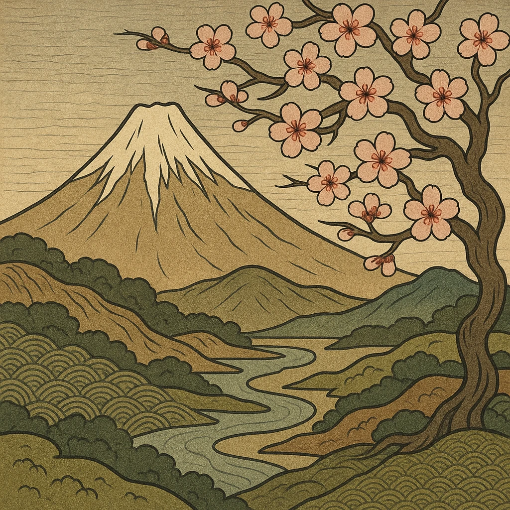 ukiyo-e style illustration of a mountain landscape with cherry blossoms emoji