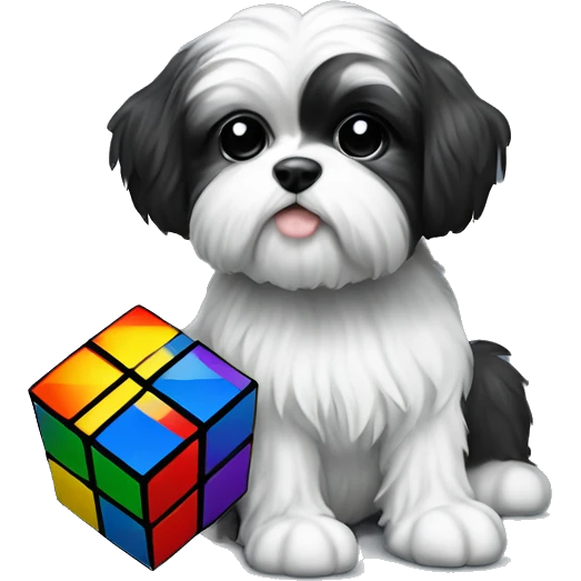 Black white Shitzu with a Rubik’s cube emoji