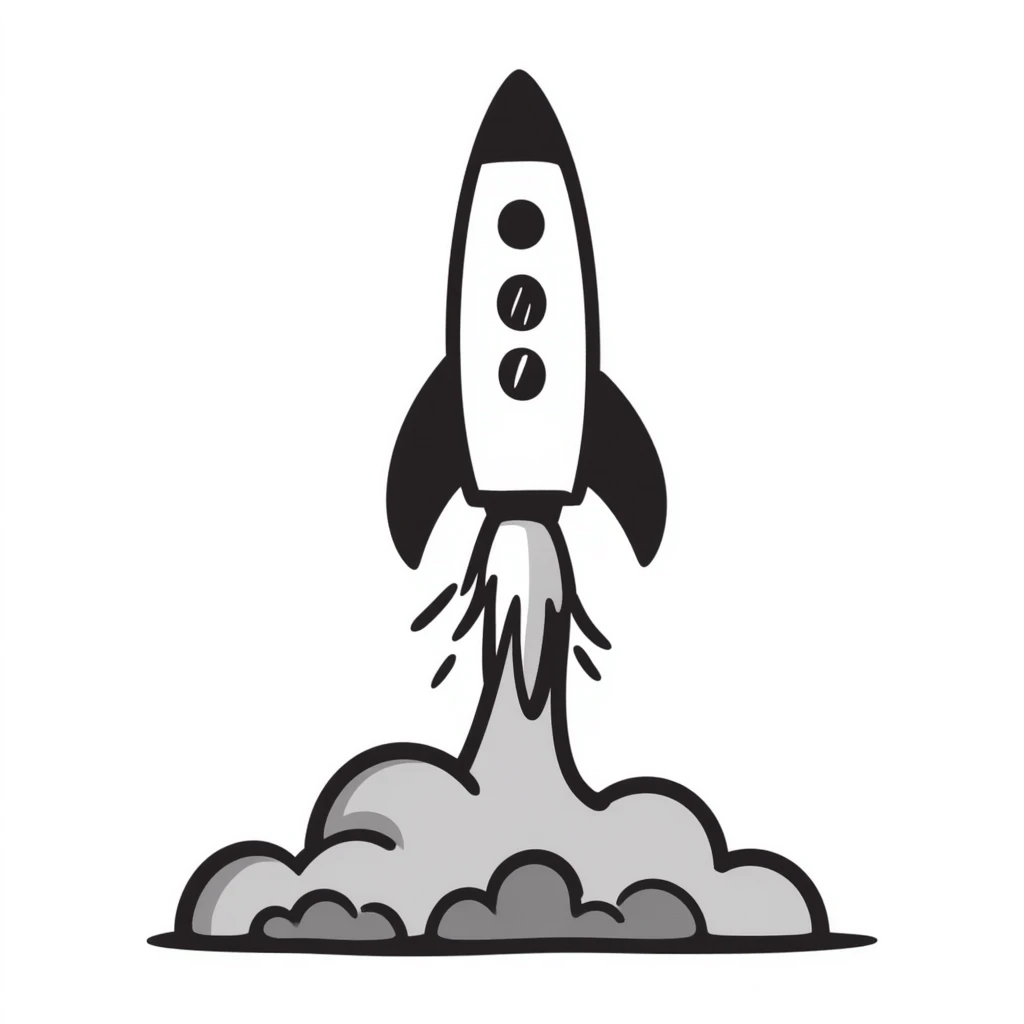 Hand-drawn rocket launching from launchpad with flames and smoke trails emoji