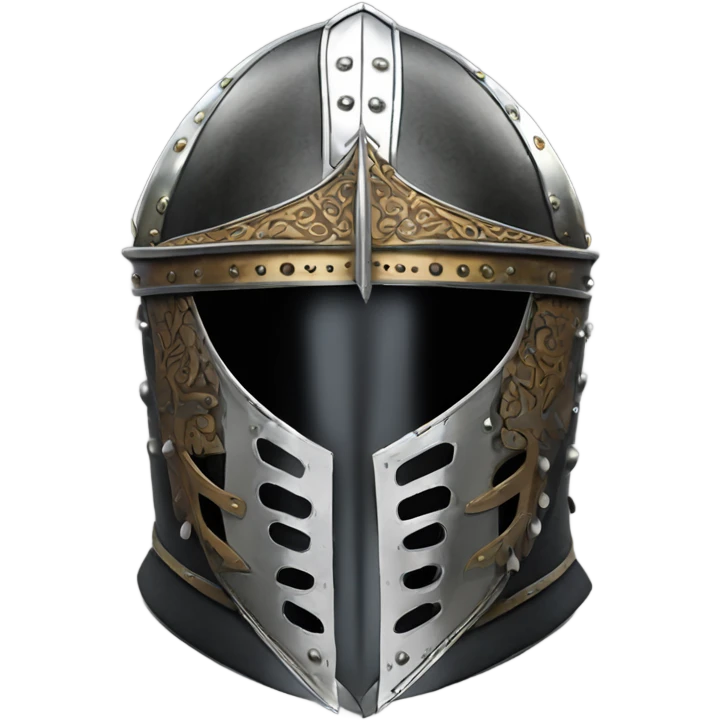 elaborate full-face closed armet medieval helmet armor intricate chrome inlays emoji
