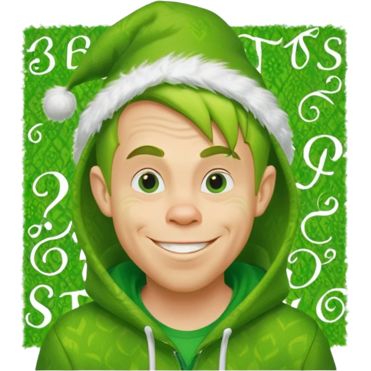Create an avatar of white European male in hoodie with ``BST`` letters on it. Make background to look like from movie Grinch emoji