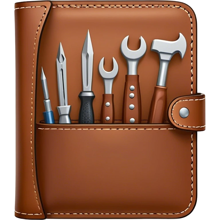 Leatherworking icon, piece of raw leather being crafted into a leather wallet or belt, professional tools like leather stitching awl, edge beveler, hammer, prying tool, minimalistic style, clean lines, transparent background. emoji