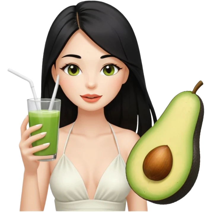 Long black hair with no bangs, very straight hair, pretty face. Wearing white plain halter top. Blushed cheeks, long lashes, nude glossy lips. One eyes with wink. One hand with avocado juice. emoji