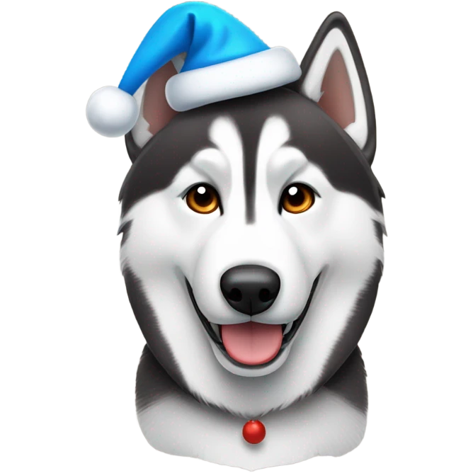 Husky wearing Santa hat with one brown and one blue eye emoji