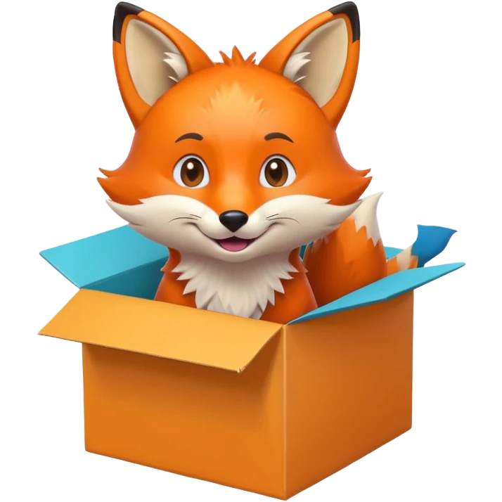 cheerful fox sitting in a colorful box, looking up playfully, emoji style emoji