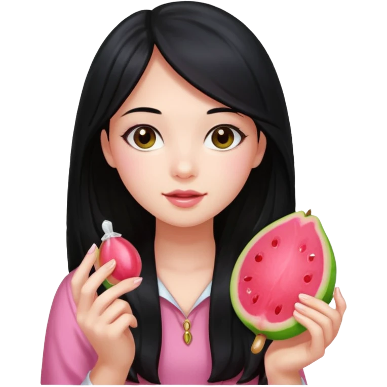 A girl with long black hair holding a piece of guava hard candy emoji
