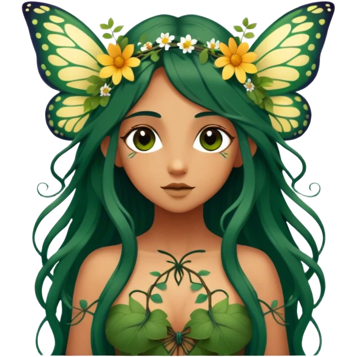 Cinematic Realistic Forest Nymph Fairy Portrait, depicted with lifelike, sun-kissed tanned skin that radiates an earthy glow, softly illuminated by natural, dappled light. Her long, flowing dark green hair is intricately detailed and interwoven with delicate vines and wildflowers, while her deep, soulful eyes mirror the wisdom of the forest. Dressed in an attire inspired by nature’s palette—with subtle botanical motifs—the portrait exudes a soft, enchanted glow that melds realism with woodland magic showing her large butterfly wings from her back. emoji