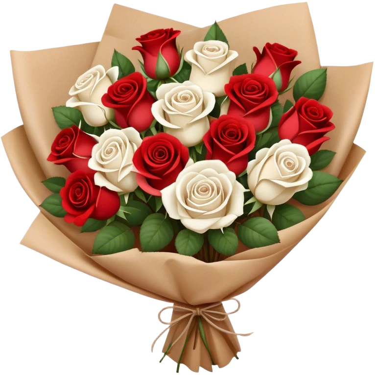 white and red roses bouquet in brown paper emoji